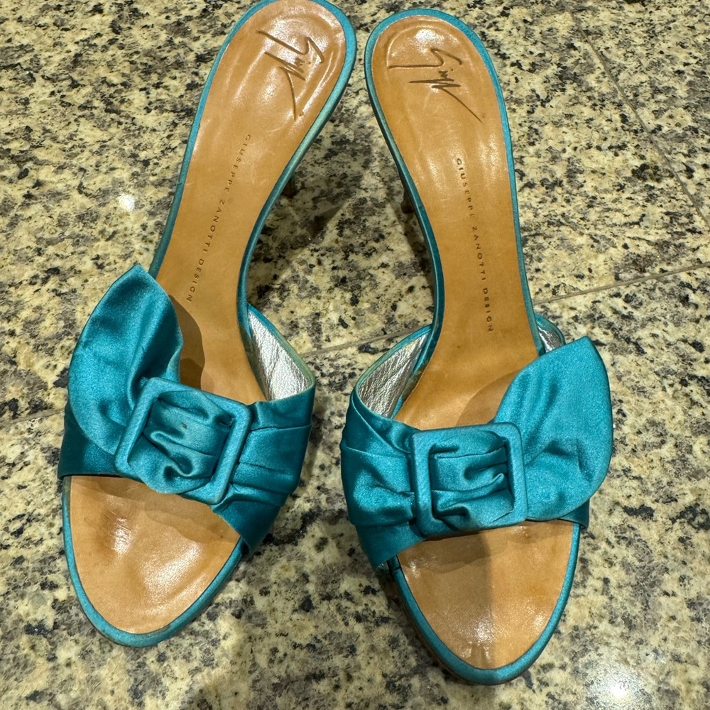 Elegant Teal Satin Bow Mules